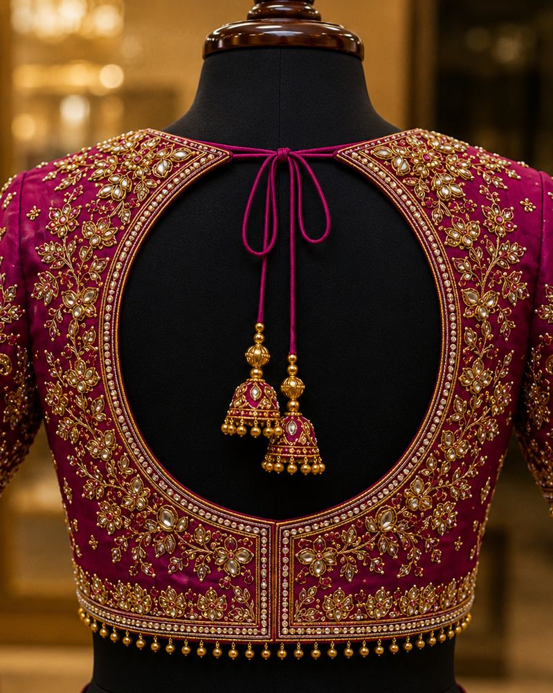 Maroon and gold bridal Aari work blouse, back design with tassels