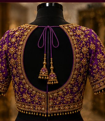 Purple bridal Aari blouse, back design with tassels