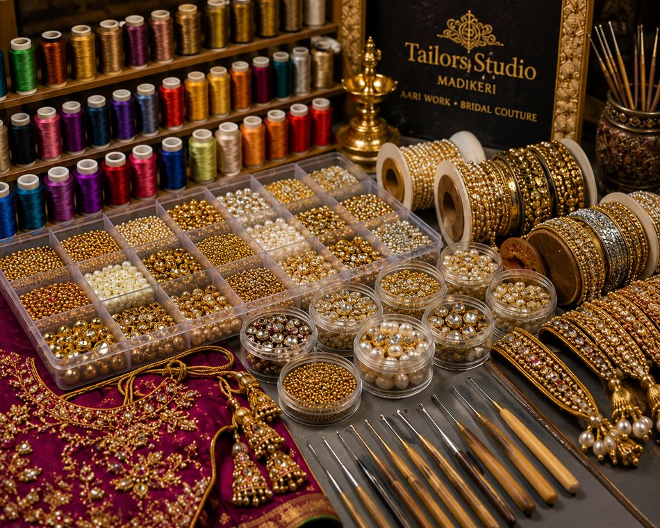 Complete beginner Aari embroidery kit with threads, beads and hooks
