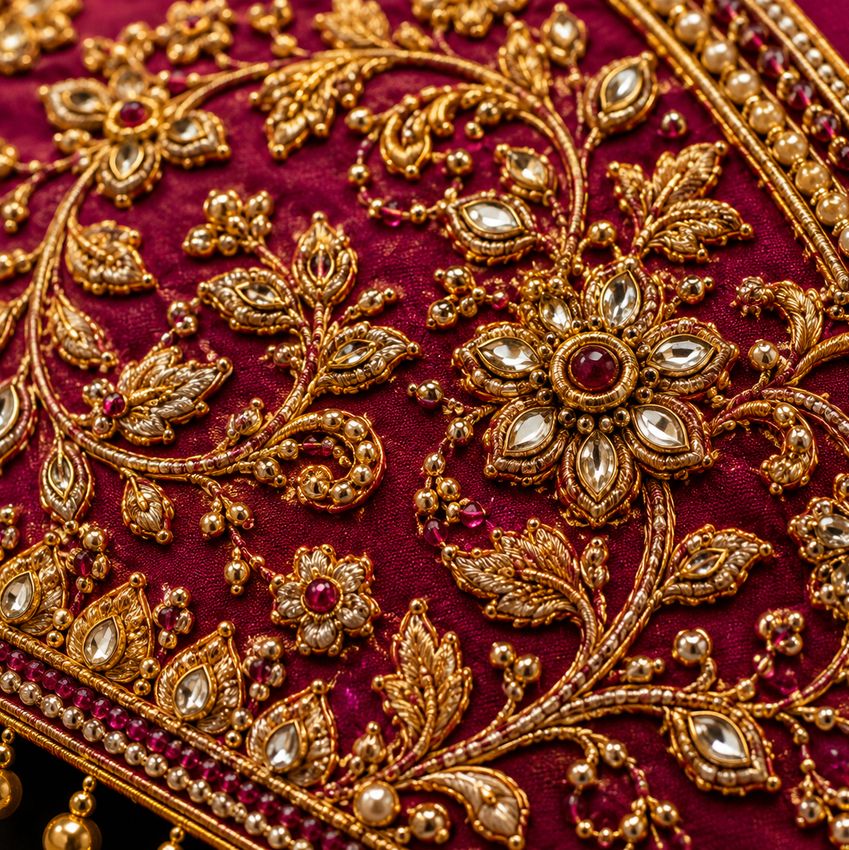 Close-up of kundan stone Aari embroidery detail
