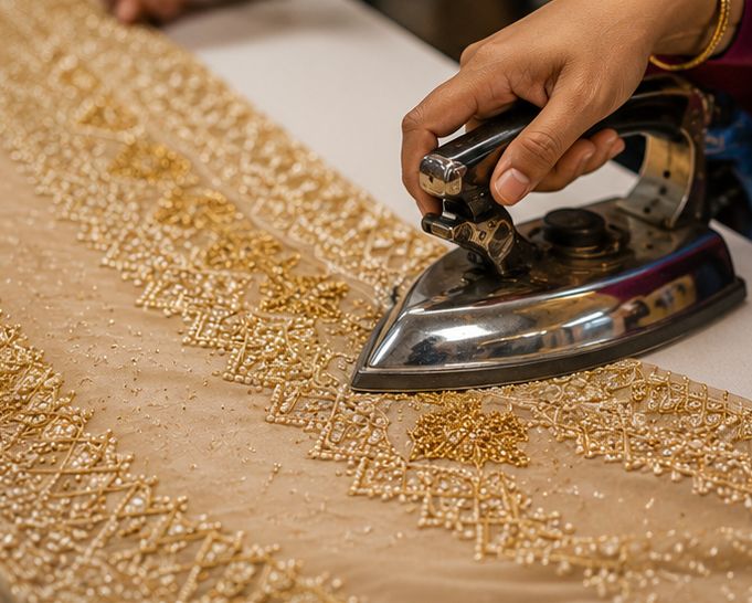 Hand-finishing a beaded bridal border with a press iron