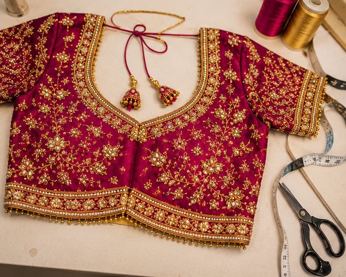 Precision thread scissors beside a finished blouse