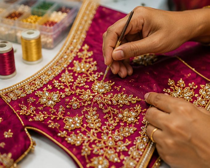 Artisan hand-placing stones on a zardozi border